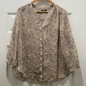 NYDJ Sheer Neutral Watercolor Button Up Blouse with 3/4 Sleeves, Medium M